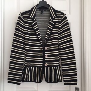 Style & Co. Black White Striped Blazer Medium Button down Jacket Frills Cotton